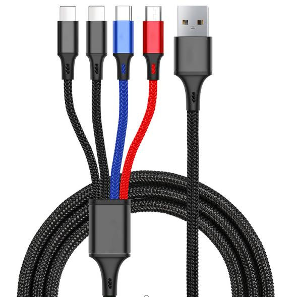 One-To-Four Charging Cable, Nylon Braided 4-in-1 Dual Type-C Multi-Function Data Cable, Cross-Border Certified Fast Charging