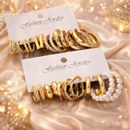 12 Pair Fashion Earring Set - Gold Hoops & Resin Drops