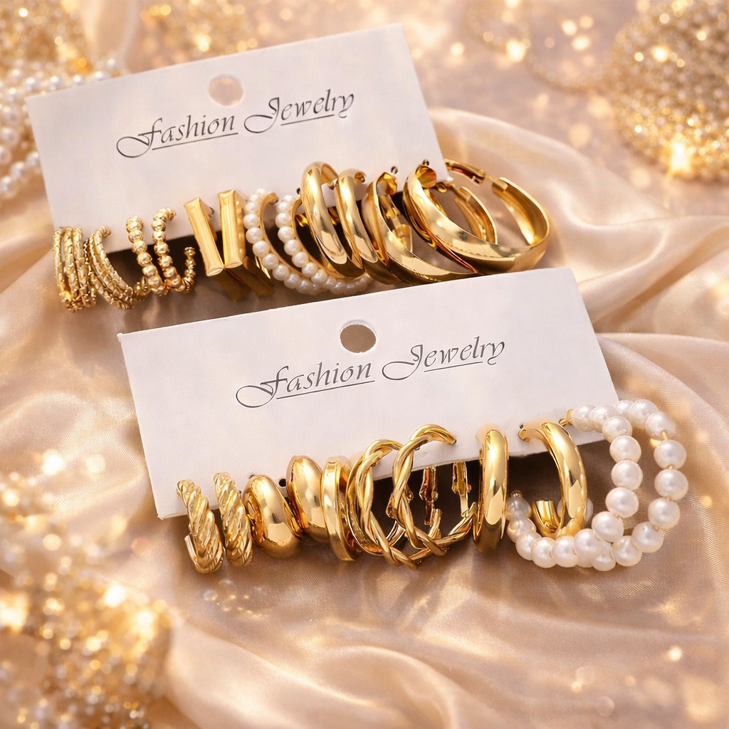 12 Pair Fashion Earring Set - Gold Hoops & Resin Drops