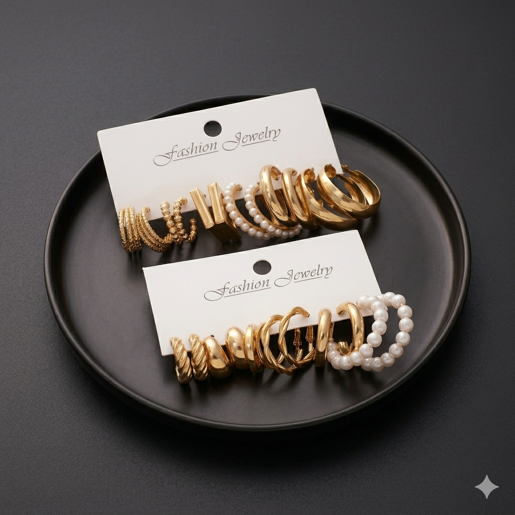 12 Pair Fashion Earring Set - Gold Hoops & Resin Drops