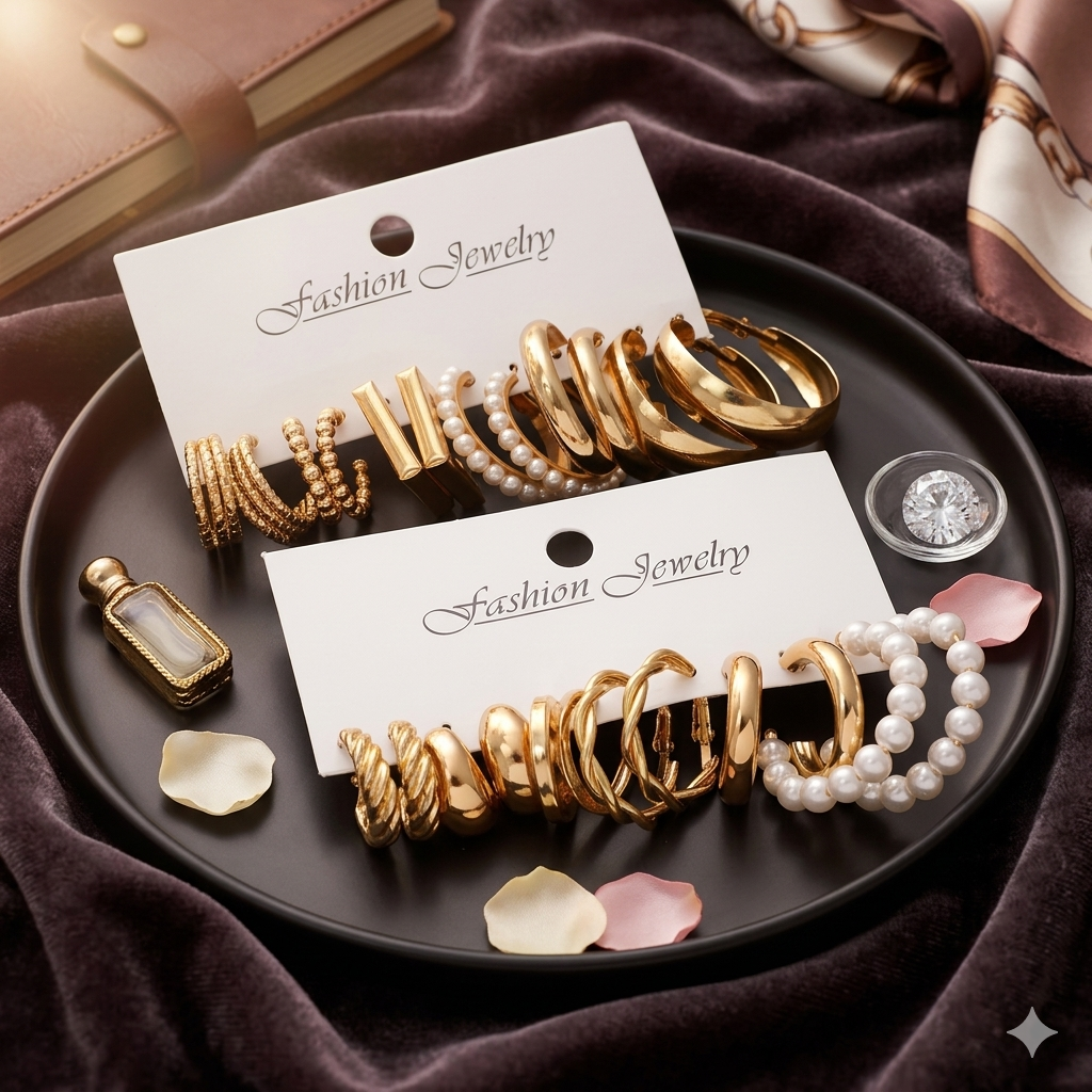 12 Pair Fashion Earring Set - Gold Hoops & Resin Drops