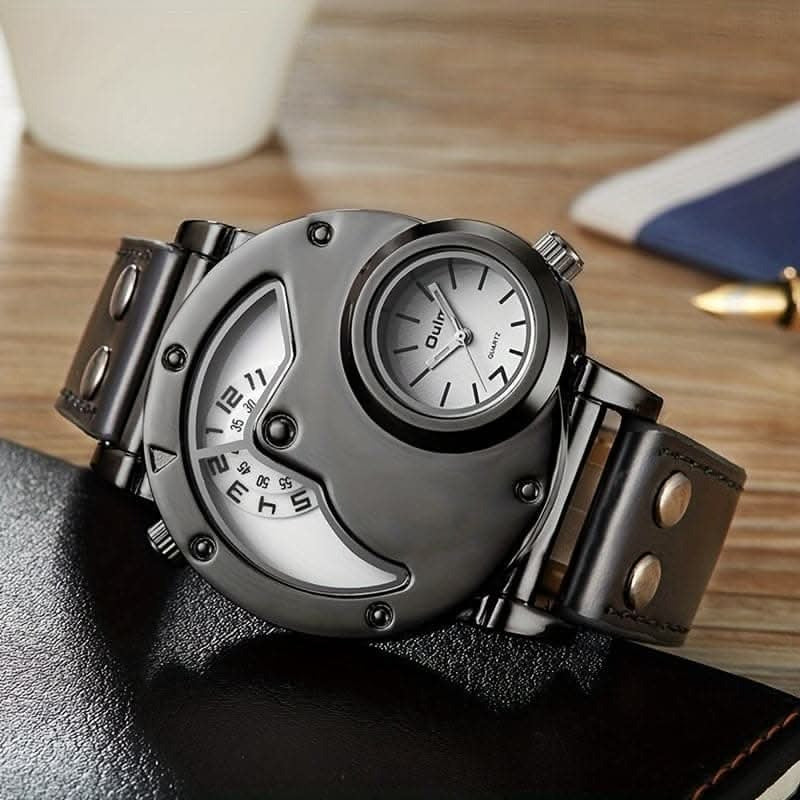 Mens Dual Time Zone Sports Watch Oulm Quartz Clock with PU Leather strap