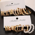 12 Pair Fashion Earring Set - Gold Hoops & Resin Drops