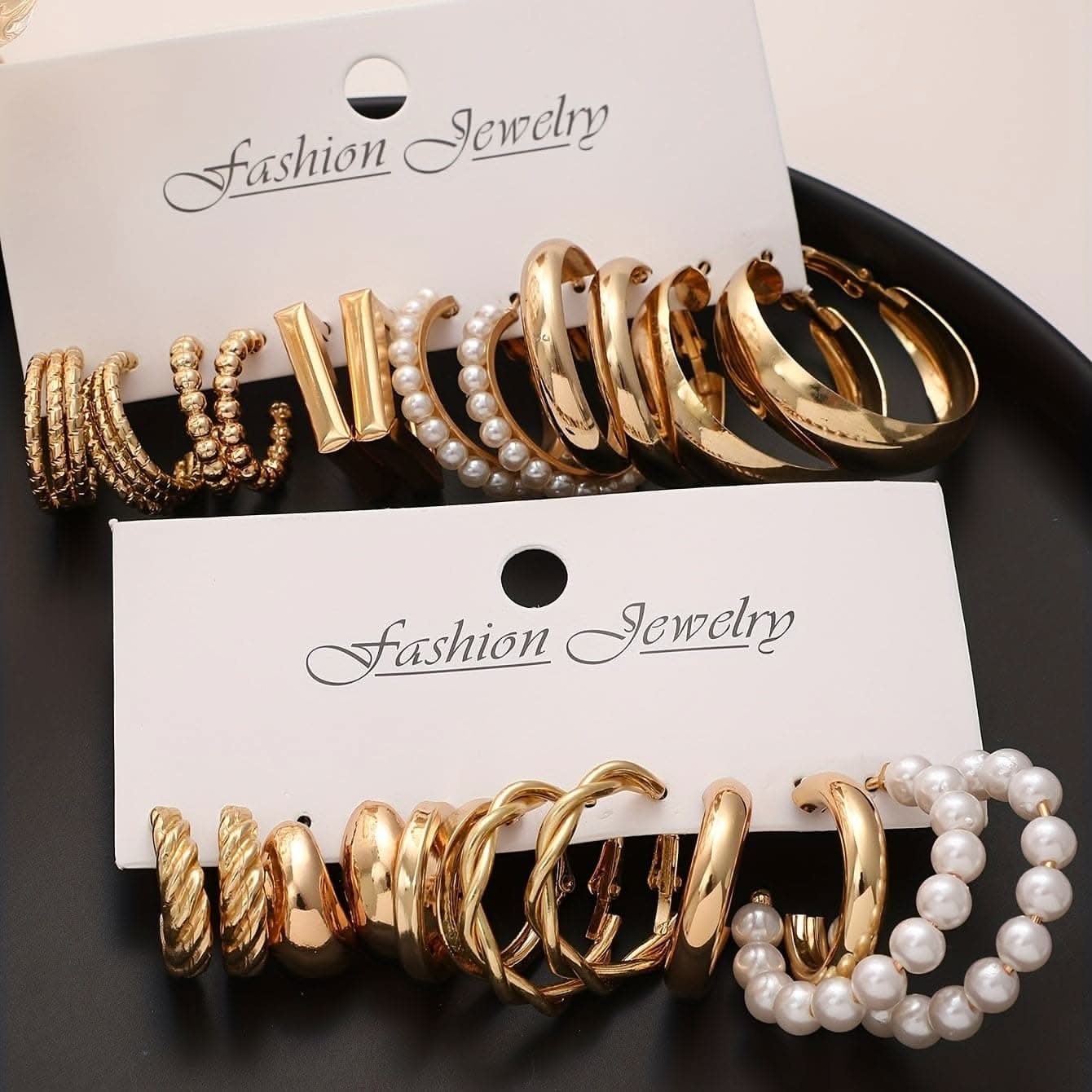 12 Pair Fashion Earring Set - Gold Hoops & Resin Drops