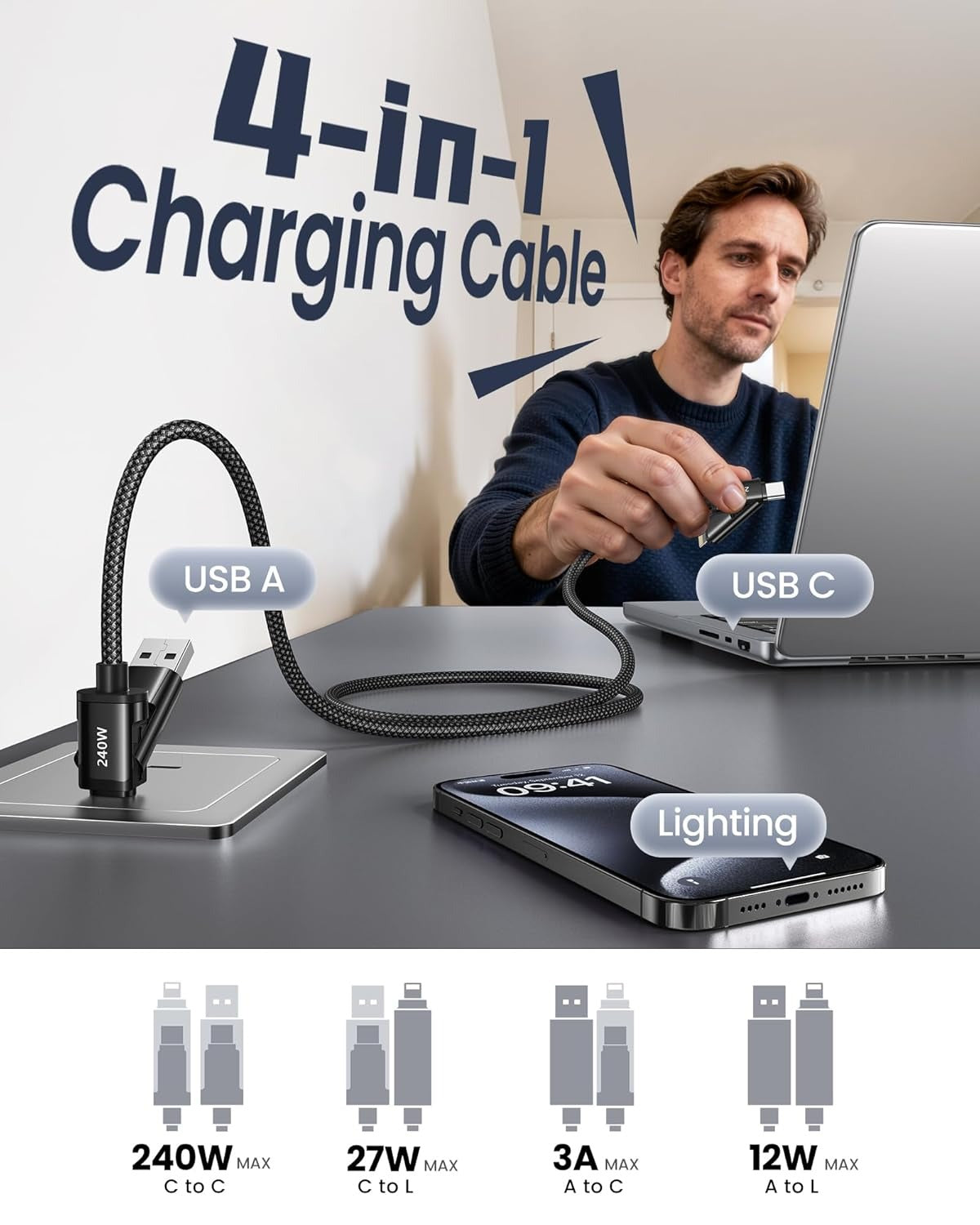 4-in-1 60W Fast Charging Cable - USB-C Multi-Charger