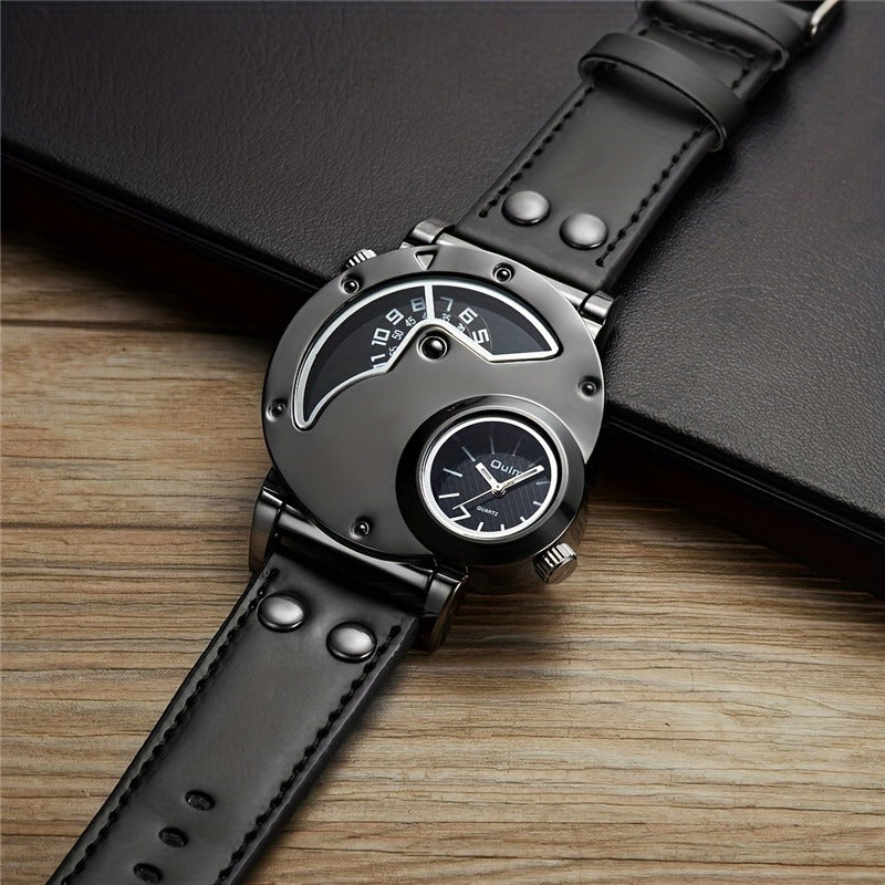 Mens Dual Time Zone Sports Watch Oulm Quartz Clock with PU Leather strap