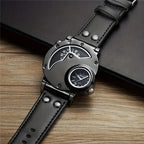 Mens Dual Time Zone Sports Watch Oulm Quartz Clock with PU Leather strap