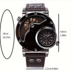 Mens Dual Time Zone Sports Watch Oulm Quartz Clock with PU Leather strap