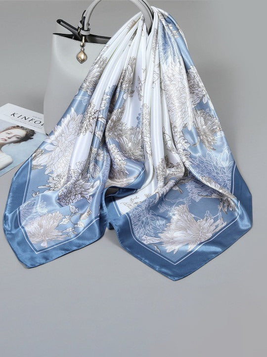 Luxury Blue Floral Satin Scarf Large Square Neck Head