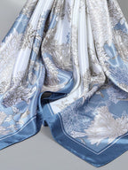 Luxury Blue Floral Satin Scarf Large Square Neck Head