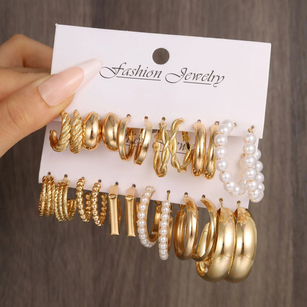 12 Pair Fashion Earring Set - Gold Hoops & Resin Drops