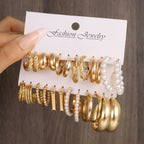 12 Pair Fashion Earring Set - Gold Hoops & Resin Drops