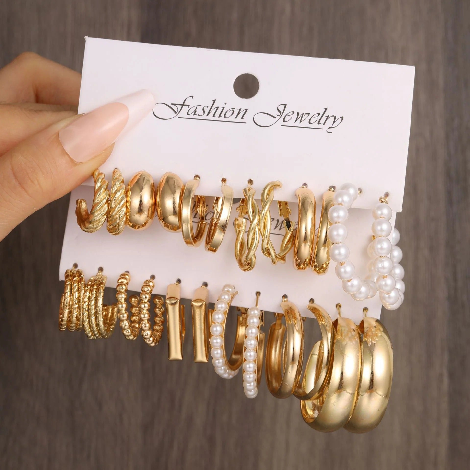 12 Pair Fashion Earring Set - Gold Hoops & Resin Drops