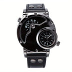 Mens Dual Time Zone Sports Watch Oulm Quartz Clock with PU Leather strap