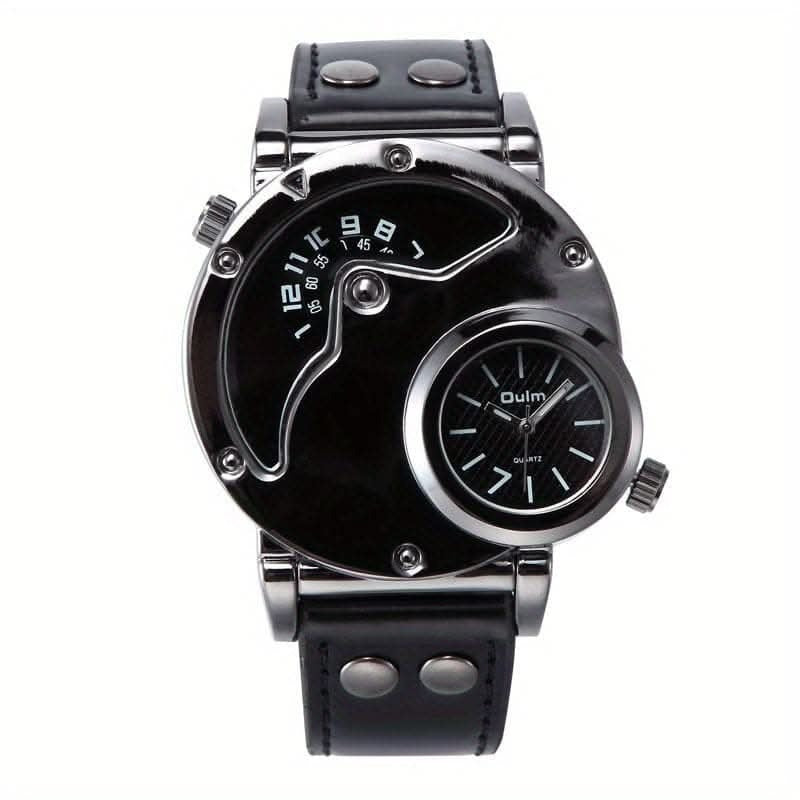 Mens Dual Time Zone Sports Watch Oulm Quartz Clock with PU Leather strap