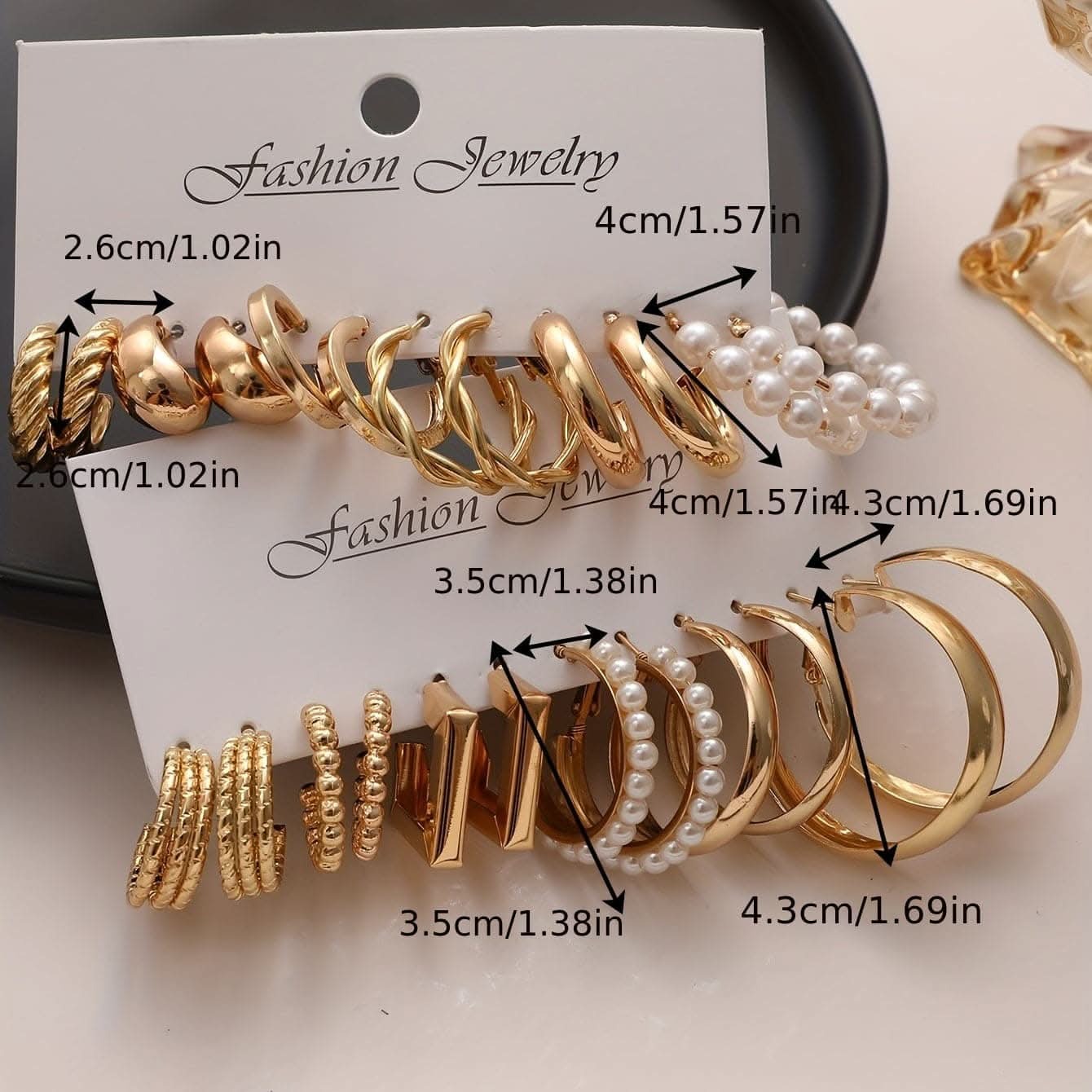 12 Pair Fashion Earring Set - Gold Hoops & Resin Drops