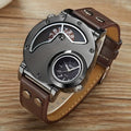 Mens Dual Time Zone Sports Watch Oulm Quartz Clock with PU Leather strap