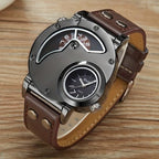Mens Dual Time Zone Sports Watch Oulm Quartz Clock with PU Leather strap