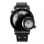 Mens Dual Time Zone Sports Watch Oulm Quartz Clock with PU Leather strap