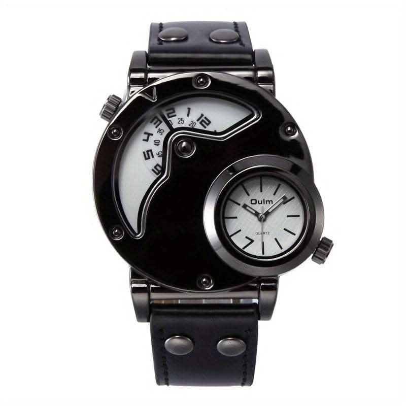Mens Dual Time Zone Sports Watch Oulm Quartz Clock with PU Leather strap