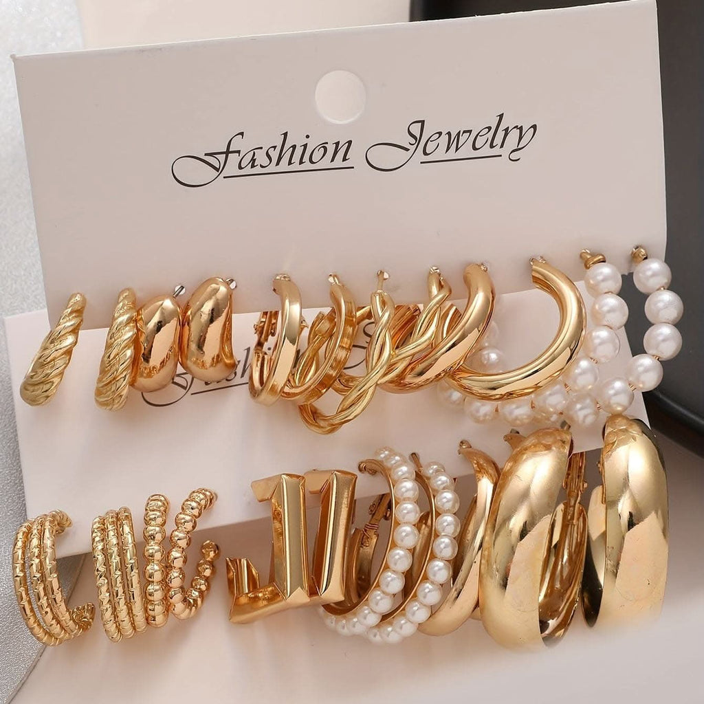 12 Pair Fashion Earring Set - Gold Hoops & Resin Drops
