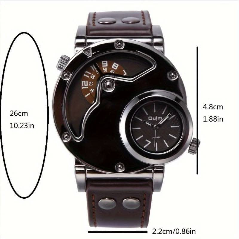 Mens Dual Time Zone Sports Watch Oulm Quartz Clock with PU Leather strap